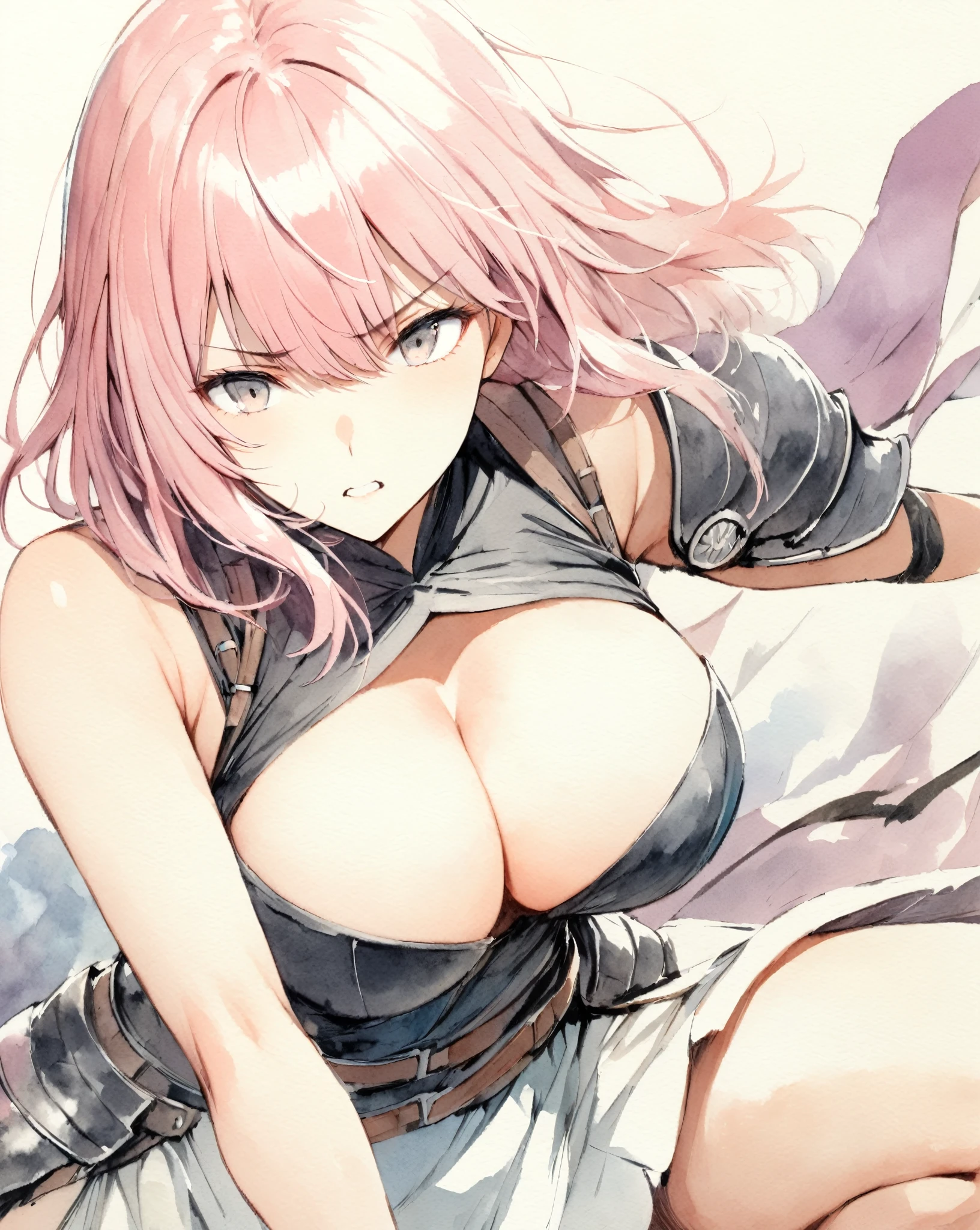 masterpiece, Best quality, watercolor (medium), 1girl, breast, Solitary, Short shoulder-length hair, Cleavage, Black picks dye pink hair, Delicate gray eyes, Bangs, jewelry, skirt, Bare shoulders, sleeveless, Hair between the eyes, 单Scapula, looking at the audience, Fighting Stance, large breast, armor, shoulder armor, sleeveless skirt, Upper Body, Single sleeve, white skirt, Scapula, excited
