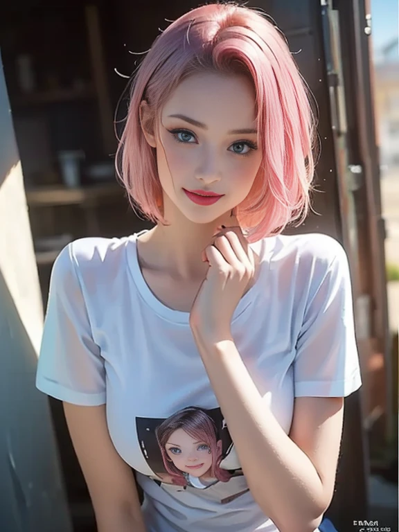 (best quality, 8k, photorealistic:1.5), (solo, one girl:1.5),(shine a bright light on women),(ultimate beautiful girl),(shiny skin),(oily skin),(pink hair:1.5),(short hairstyle:1.3),(cool beauty),Blush brown makeup , dark eye makeup , use pink glossy lipstick,(big beady eyes girl:1.5),(droopy eyes girl:1.5),(blue eyes:1.5),(thin girl:1.5),(baby face girl:1.5),(sex appeal),(sweet smelling girl),(she works for low wages),(kind-hearted woman),(she has a nice smile),(woman with a happy look),(she is very sociable),(from a very poor family),(virgin girl),(She is a secret pervert.),(she covertly lewd),(she looks so erotic),chuuChloe,(woman with very soft breasts),(woman fantasizing about sex),(allurement),(impressive eyes:1.5),(clean girl),(affability),(cute smile),(good personality),(serious personality),(wants sex),(want to masturbate),(want to have sex forcibly),(relaxing time),(hair ornaments),(compassion),(impurity),(love filled),(get horny),(No love experience),(private room),(teenager),(childish smile),(art t-shirt:1.5)