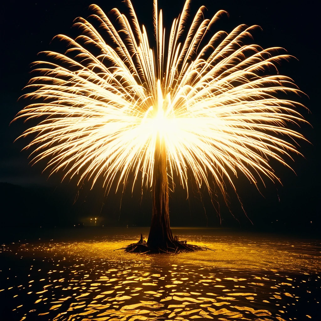 Tree lit up at night, Sparks are flying around, providing the only light source in the dark surroundings. The scene is dramatic and breathtaking, echoing the sentiment that hope is a thing with feathers. Use the visual characteristics of a 35mm film such as film grain, vignette effect, post-processing, and stunning cinematic lighting techniques to create an atmospheric scene. The result should be of the highest quality, resembling an epic masterpiece from a live-action film. river in the foreground :: a breathtaking intricate and highly detailed, golden hour, heavenly rays :: masterpiece, 8k resolution, trending on, dramatic,