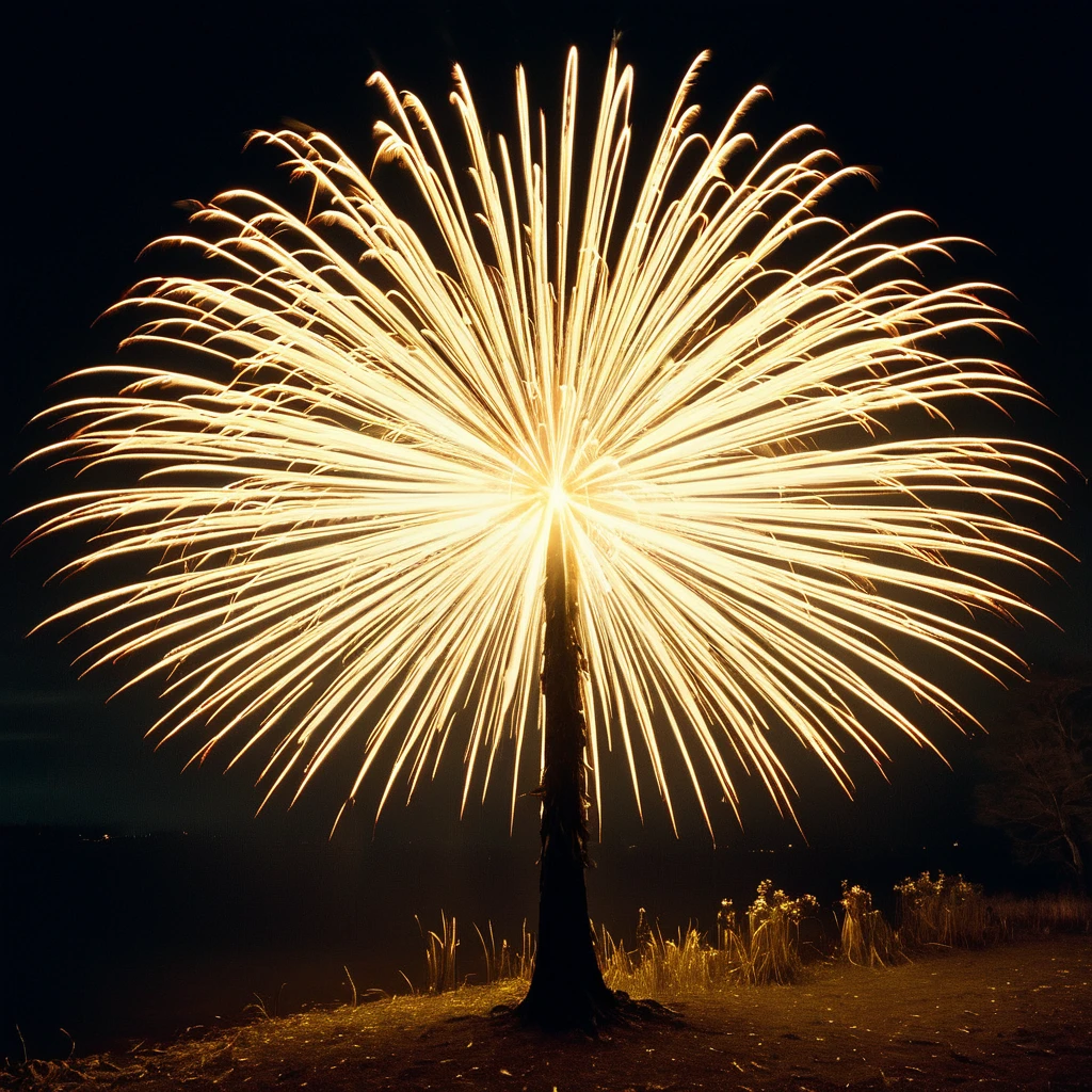 Tree lit up at night, Sparks are flying around, providing the only light source in the dark surroundings. The scene is dramatic and breathtaking, echoing the sentiment that hope is a thing with feathers. Use the visual characteristics of a 35mm film such as film grain, vignette effect, post-processing, and stunning cinematic lighting techniques to create an atmospheric scene. The result should be of the highest quality, resembling an epic masterpiece from a live-action film. river in the foreground :: a breathtaking intricate and highly detailed, golden hour, heavenly rays :: masterpiece, 8k resolution, trending on, dramatic,