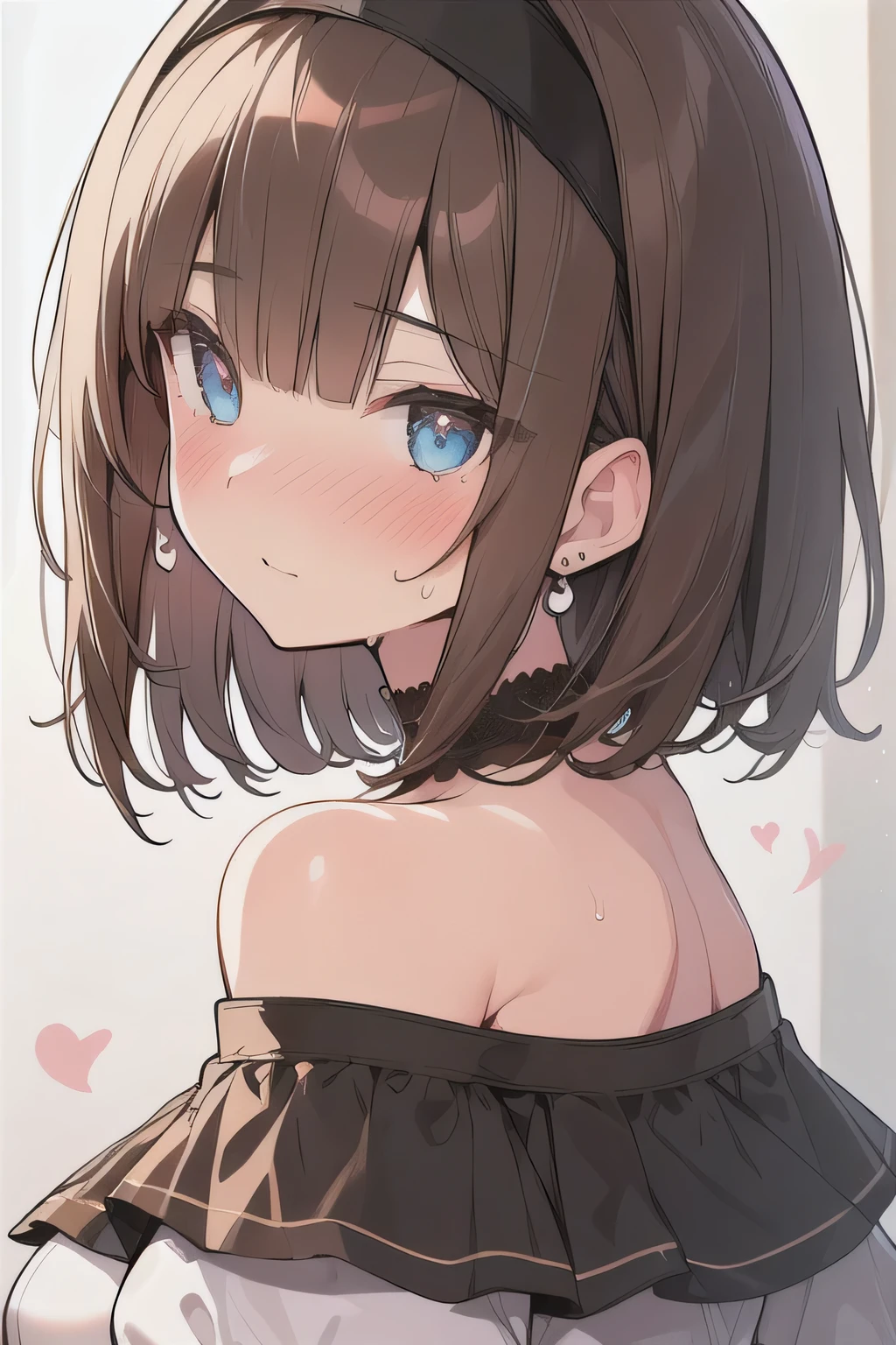 (best quality), (Super detailed), (Best Illustration), (1woman), look at viewer, from side, (off shoulder top), (Big Breasts:1.2), {brown hair, (bob cut:1.2), curly hair, hairs between eyes}, {(detailed eyes), heart-shaped pupils, blue eyes}, blush, sweat, steam, earrings, hairband,