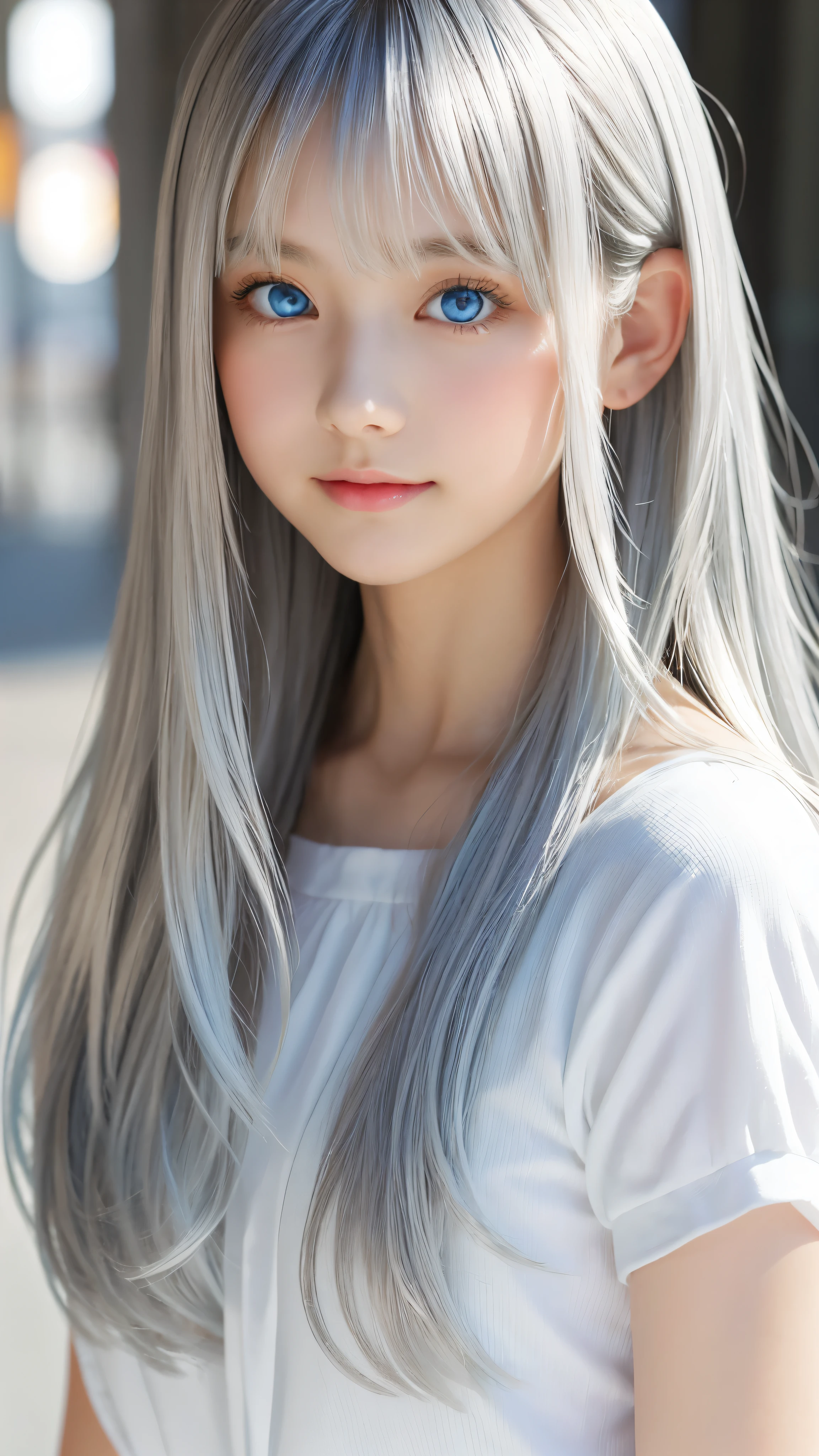 Shining, clear, white skin、Her windblown silver hair hides her beautiful face.、huge、28 years old cute sexy little beautiful face、Beautiful straight hair that stands out、growing up, Sparkling light blue eyes、long silky bangs that cover cute eyes, Sexy and cute young woman with super long hair hiding her sexy face、shining silver hair