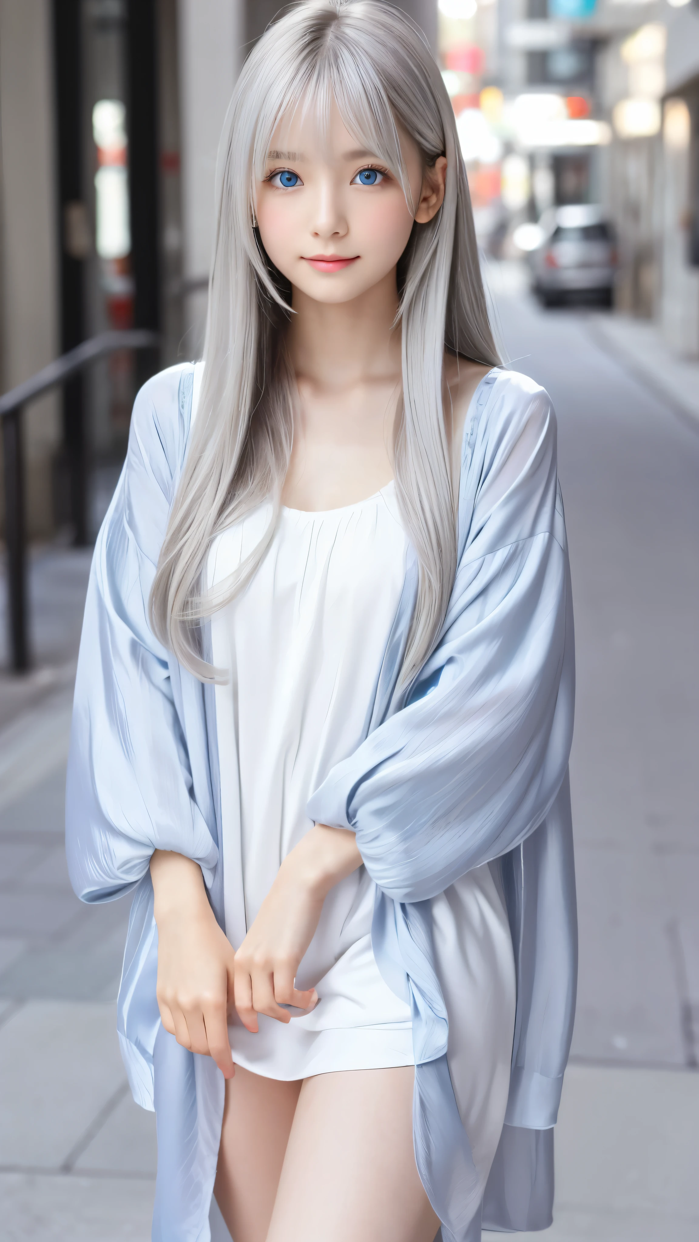 Shining, clear, white skin、Her windblown silver hair hides her beautiful face.、huge、28 years old cute sexy little beautiful face、Beautiful straight hair that stands out、growing up, Sparkling light blue eyes、long silky bangs that cover cute eyes, Sexy and cute young woman with super long hair hiding her sexy face、shining silver hair