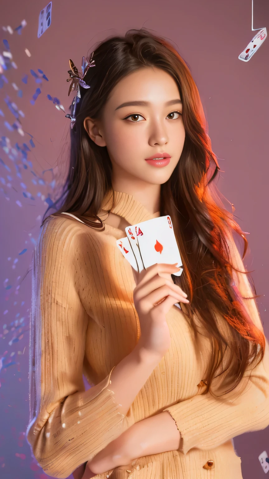 masterpiece, best quality, (extremely detailed CG unity 8k wallpaper), (best quality), (best illustration), (best shadow), absurdres, realistic lighting, (Abyss), beautiful detailed glow, art by PeterMohrBacher,a beautiful young woman holding playing cards in her hands stock photo, beautiful stella maeve magician, poker card style, cards, gorgeous stella maeve magician, (holding 4 ace card:1,2), playing poker, holds playing cards, attractive girl, holding ace card, female magician, poker, gambling, good at cards, gorgeous lady