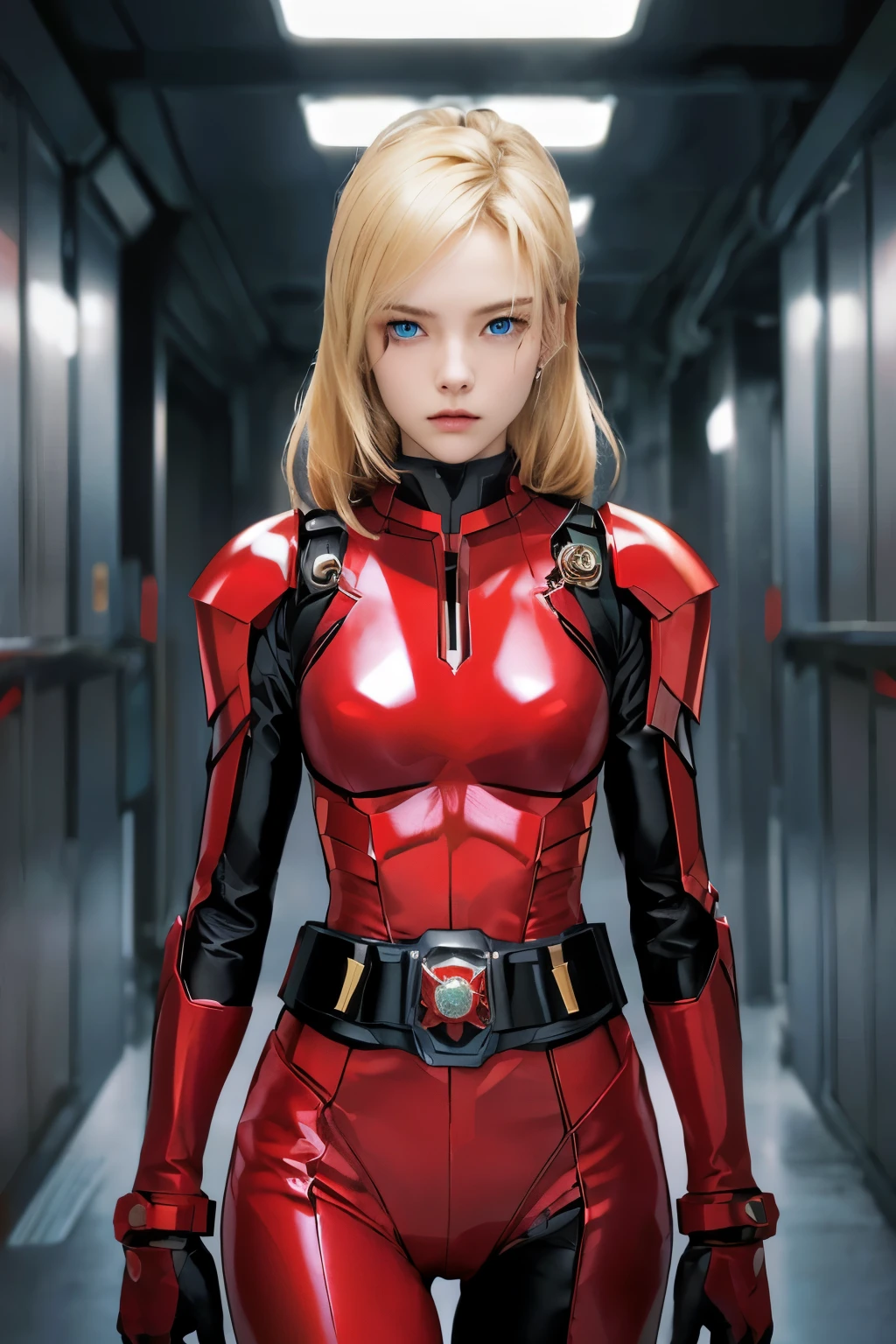 A beautiful woman. She has an angry look on her face.Blonde hair and blue eyes. She is looking at the camera with a defiant expression. 18 years old. She wears a red, metallic combat uniform that fits her body perfectly. ((There is something on his waist that is reminiscent of Kamen Rider's transformation belt.)) She is standing in the hallway of the space battleship.
