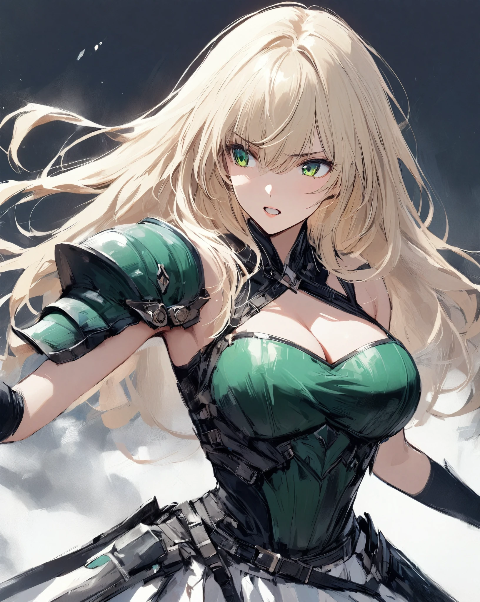 (score_9,score_8_up,score_7_up,score_6_up,score_5_up,score_4_up), masterpiece, Best quality, 1girl, breast, Solitary, Short shoulder-length hair, Cleavage, Blonde pick-dye hair, Jewel green eyes, Bangs, jewelry, skirt, Bare shoulders, sleeveless, Hair between the eyes, 单Scapula, looking at the audience, Fighting Stance, large breast, armor, shoulder armor, sleeveless skirt, Upper Body, Single sleeve, white skirt, Scapula, excited