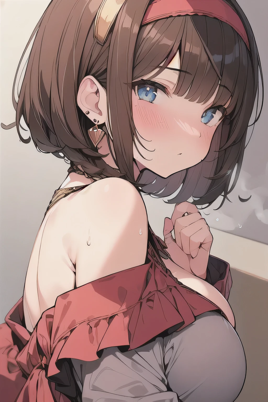 (best quality), (Super detailed), (Best Illustration), (1woman), look at viewer, from side, (off shoulder top), (Big Breasts:1.2), {brown hair, (bob cut:1.2), curly hair, hairs between eyes}, {(detailed eyes), heart-shaped pupils, blue eyes}, blush, sweat, steam, earrings, hairband,