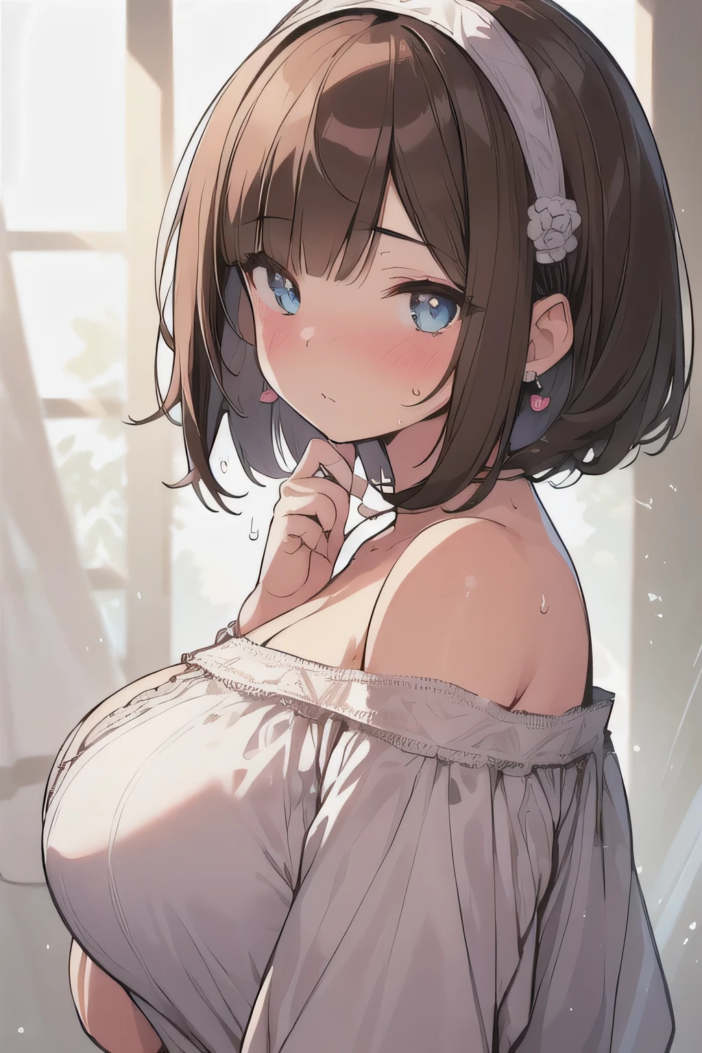 (best quality), (Super detailed), (Best Illustration), (1woman), look at viewer, from side, (off shoulder top), (Big Breasts:1.2), {brown hair, (bob cut:1.2), curly hair, hairs between eyes}, {(detailed eyes), heart-shaped pupils, blue eyes}, blush, sweat, steam, earrings, hairband,