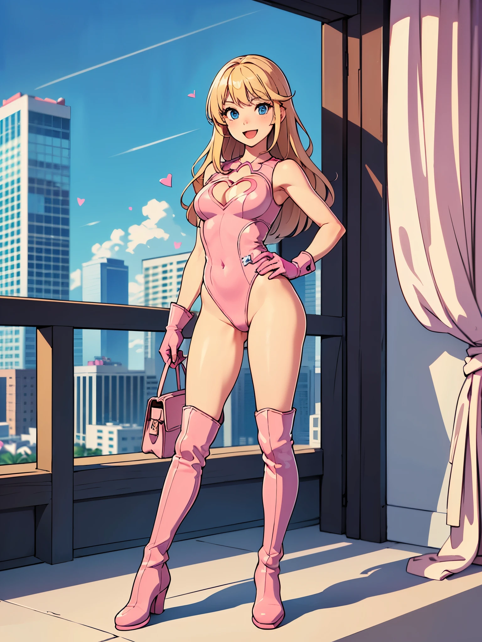 masterpiece)), ((best quality)), ((high res)), 1girl, solo, leotard, bare legs, matching boots, sleeveless, looking at the viewer, city backdrop, perfect hands, perfect eyes, perfect leotard, perfect legs, perfect arms, perfect fingers, perfect anatomy, medium breasts, pink leotard, blonde hair, long hair, knee boots, blue eyes, heart cutout, cute face, hair down, bangs, sleeveless, pink gloves, pink footwear, cleavage cutout, superhero, casual, smile, single, standing