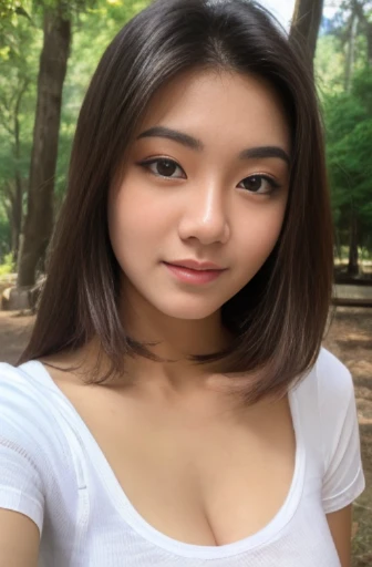 20 years old seductive mature woman, (photorealistic:1.4, realistic), highly detailed CG unified 8K wallpapers, 1girl, (thick body:0.8), face infront of camera, (HQ skin:1.4), 8k uhd, dslr, soft lighting, high quality, film grain, Fujifilm XT3, (((thin tight v neck t-shirt))), (black long hair), ample cleavage, bulged breasts, full body shots, blushy face, camping background 