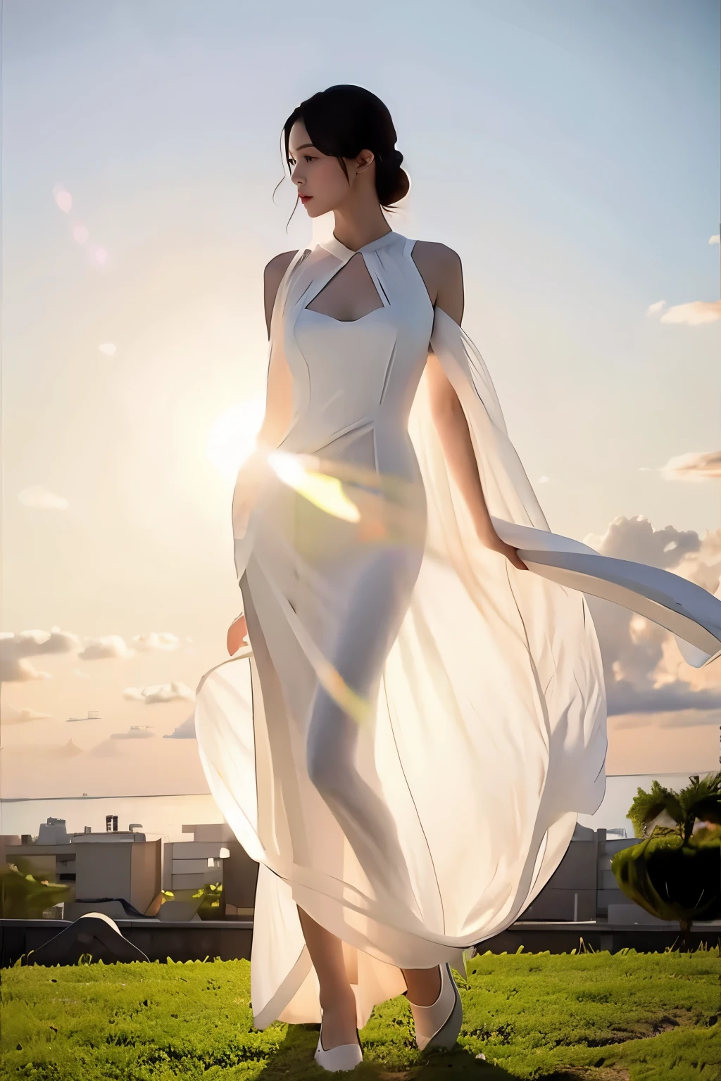 (masterpiece, best quality:1.2), 1girl, solo, delicate face, white-skinned female, see-through silhouette, white dress, full body, outdoor