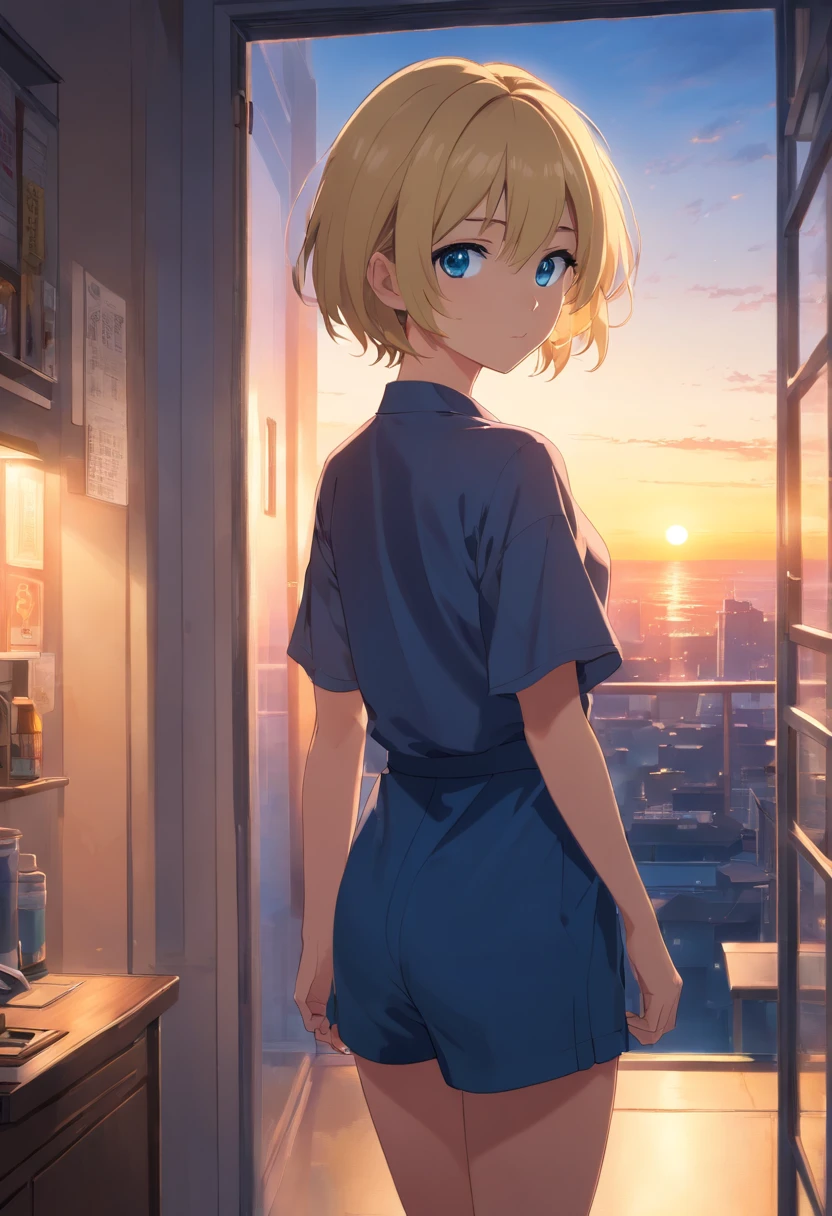 17 years old Women, ((Blonde)), ((Blue eyes)), ((Short hair)), ((Full Body)), in a small smoky room illuminated by the sunset, posing sexy in a transparent black neglille