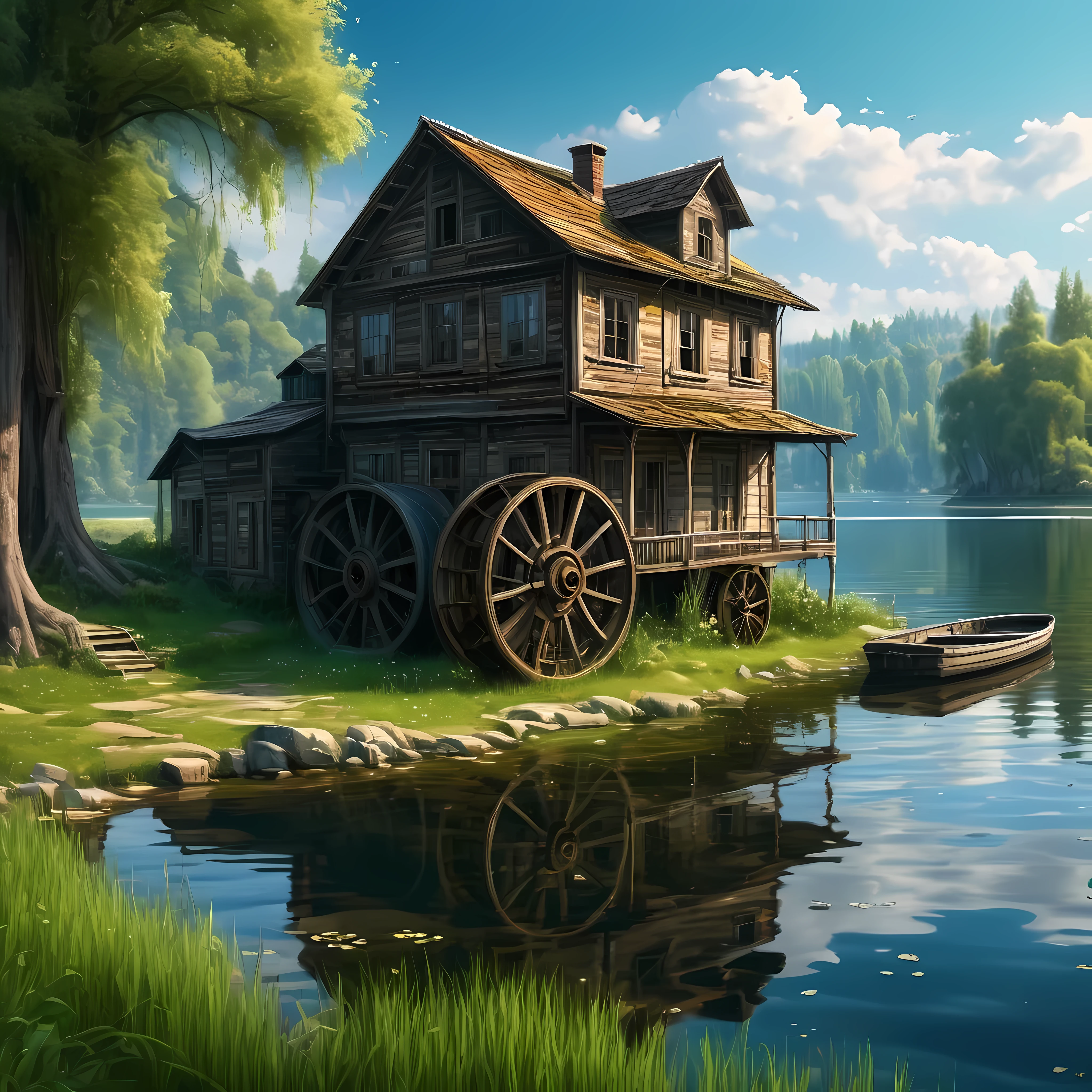 Abandoned house by the lake,landscape, water, (8k wallpaper extremely detailed CG unit), The most beautiful works of art in the world, Majestic oil painting major, Wheels within wheels, High Detail, Clear focus, Dramatic and realistic painting art