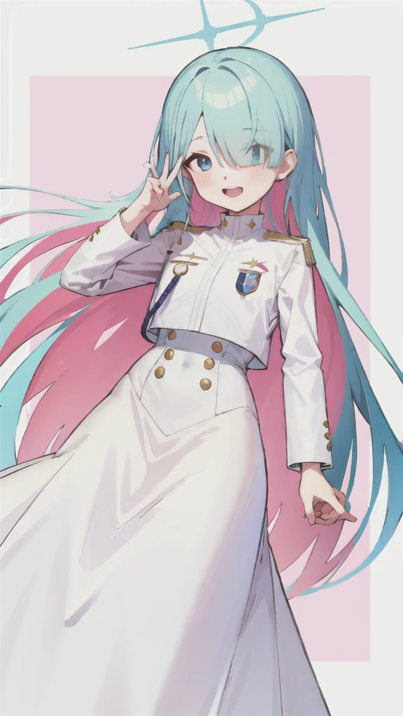 masterpiece, highest quality, Very detailed, GSC Chairman, Hello, Multicolored Hair, Hair on one eye, blue eyes, Single Blade, bangs, Jacket, Long skirt,