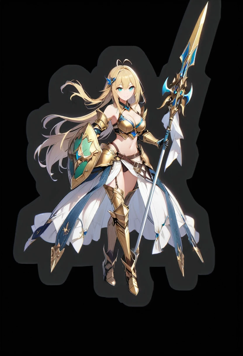 1girl, solo, long-hair, shield, blonde-hair, weapon, armor, polearm, breasts, navel, full-body, boots, black-background, looking-at-viewer, cleavage, holding, spear, medium-breasts, holding-weapon, armored-boots, midriff, bare-shoulders, simple-background, antenna-hair, high-heels, green-eyes, standing, hair-ornament, gauntlets, greaves, bikini-armor, holding-polearm, skirt, holding-shield, gloves, collarbone, blue-eyes, very-long-hair, aqua-eyes, high-heel-boots, floating-hair, smile elbow-gloves, ((golden armor))
