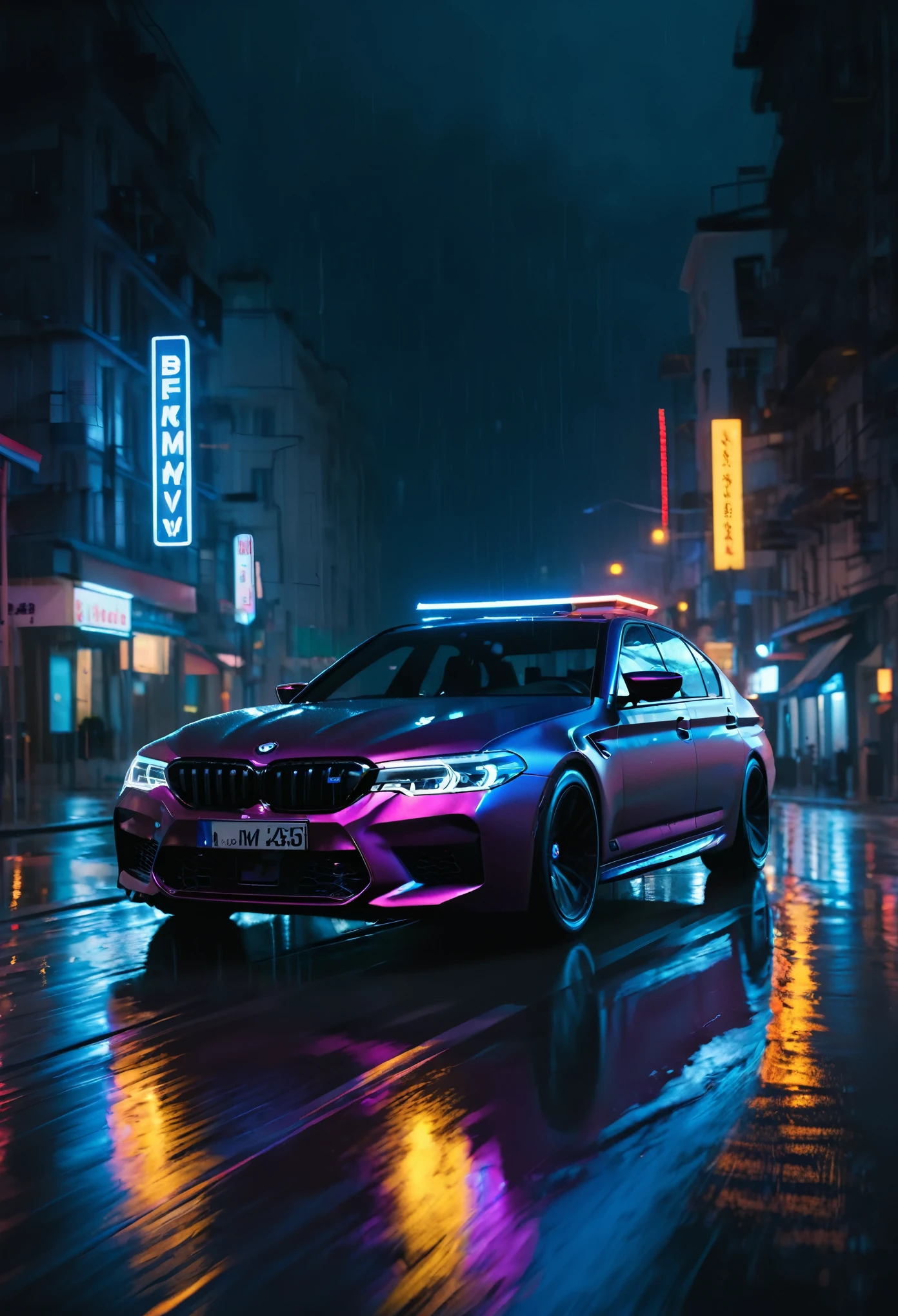 A cyber punk style BMW M5 driving down a brightly lit street in rainy weather. Highly detailed cinematography, rain, city, neon signs, neon, bright colors, car, driving car, night, dark time, backlight.