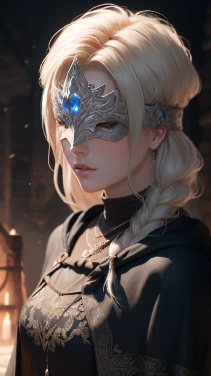 {{{masterpiece}}}, {{{best quality}}}, {{{ultra-detailed}}}, {cinematic lighting}, {illustration}, very detailed lips, expressionless, 1girl, white_hair, visor, black robes, black dress, silver visor, eyes covered by visor, elegant, Firekeeper of Anastacia of Astora, Dark Souls 3, eclipse, {Portrait}, looking at viewer