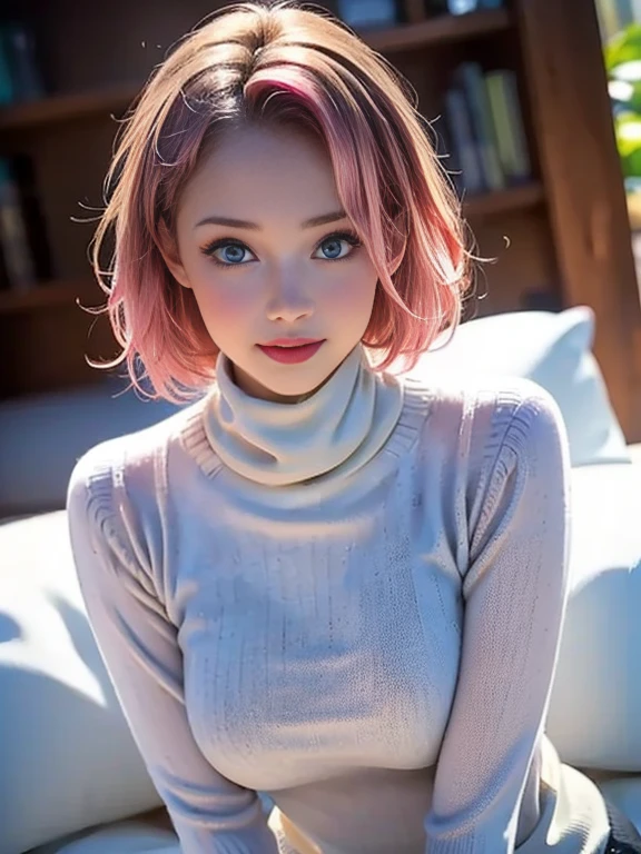 (best quality, 8k, photorealistic:1.5), (solo, one girl:1.5),(shine a bright light on women),(ultimate beautiful girl),(shiny skin),(oily skin),(pink hair:1.5),(short hairstyle:1.3),(cool beauty),Blush brown makeup , dark eye makeup , use pink glossy lipstick,(big beady eyes girl:1.5),(droopy eyes girl:1.5),(blue eyes:1.5),(thin girl:1.5),(baby face girl:1.5),(sex appeal),(sweet smelling girl),(she works for low wages),(kind-hearted woman),(she has a nice smile),(woman with a happy look),(she is very sociable),(from a very poor family),(virgin girl),(She is a secret pervert.),(she covertly lewd),(she looks so erotic),chuuChloe,(woman with very soft breasts),(woman fantasizing about sex),(allurement),(impressive eyes:1.5),(clean girl),(affability),(cute smile),(good personality),(serious personality),(wants sex),(want to masturbate),(want to have sex forcibly),(relaxing time),(hair ornaments),(compassion),(impurity),(love filled),(get horny),(No love experience),(private room),(teenager),(childish smile),(high neck sweater:1.5)