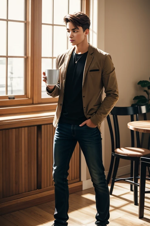 young man looking extremely high standing up drinking a hot cup of coffee to calm down and relax