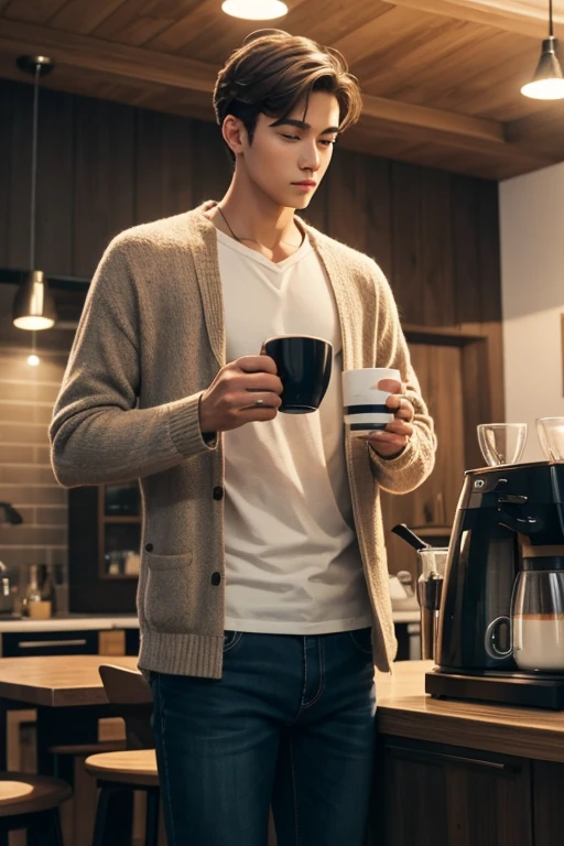 young man looking extremely high standing up drinking a hot cup of coffee to calm down and relax