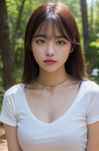 20 years old seductive mature woman, (photorealistic:1.4, realistic), highly detailed CG unified 8K wallpapers, 1girl, (thick body:0.8), face infront of camera, (HQ skin:1.4), 8k uhd, dslr, soft lighting, high quality, film grain, Fujifilm XT3, (((thin tight v neck t-shirt))), (black shaggy hair), ample cleavage, bulged chest, bright breasts, full body shots, blushy face, camping background