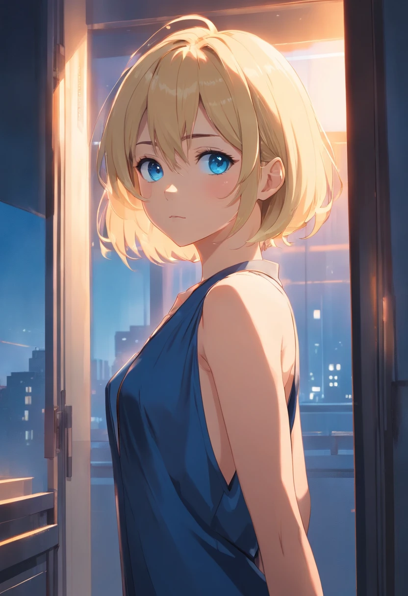 17 years old Women, ((Blonde)), ((Blue eyes)), ((Short hair)), ((Full Body)), in a small smoky room illuminated by the sunset, posing sexy in a transparent black negligee