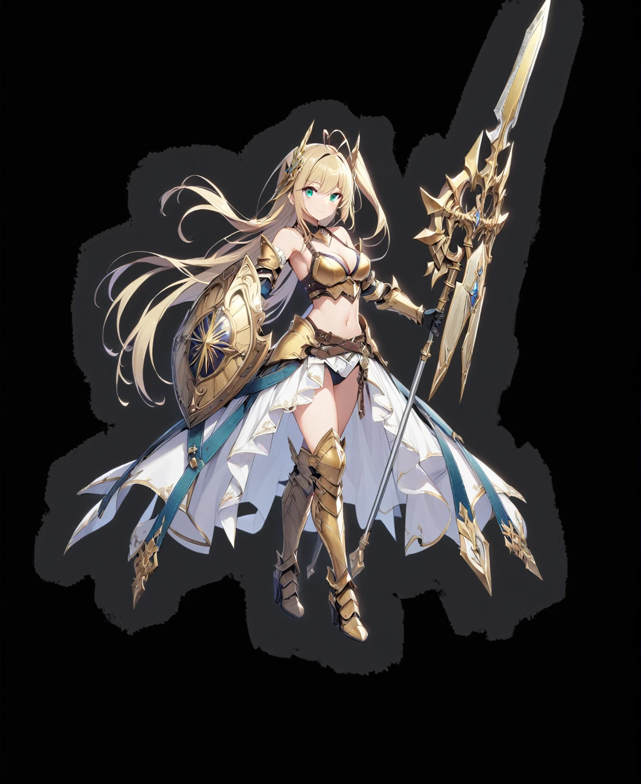 1girl, solo, long-hair, shield, blonde-hair, weapon, armor, polearm, breasts, navel, full-body, boots, black-background, looking-at-viewer, cleavage, holding, spear, medium-breasts, holding-weapon, armored-boots, midriff, bare-shoulders, simple-background, antenna-hair, high-heels, green-eyes, standing, hair-ornament, gauntlets, greaves, bikini-armor, holding-polearm, skirt, holding-shield, gloves, collarbone, blue-eyes, very-long-hair, aqua-eyes, high-heel-boots, floating-hair, smile elbow-gloves, ((golden armor))
