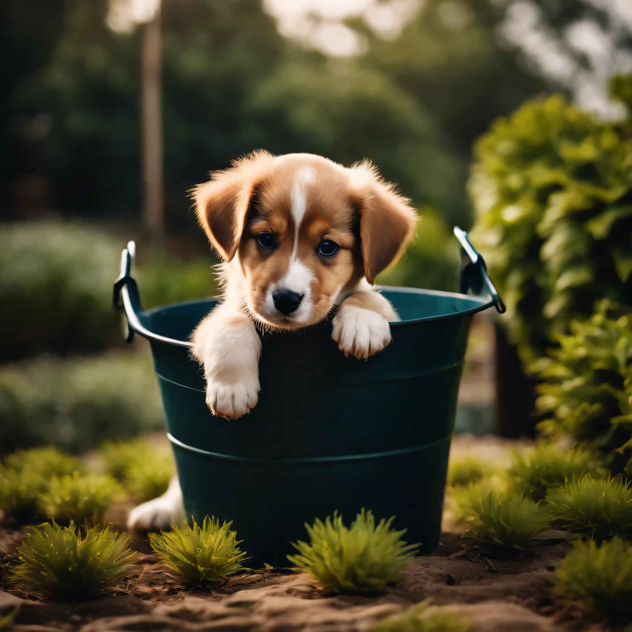Indian puppy dog in garden in bucket