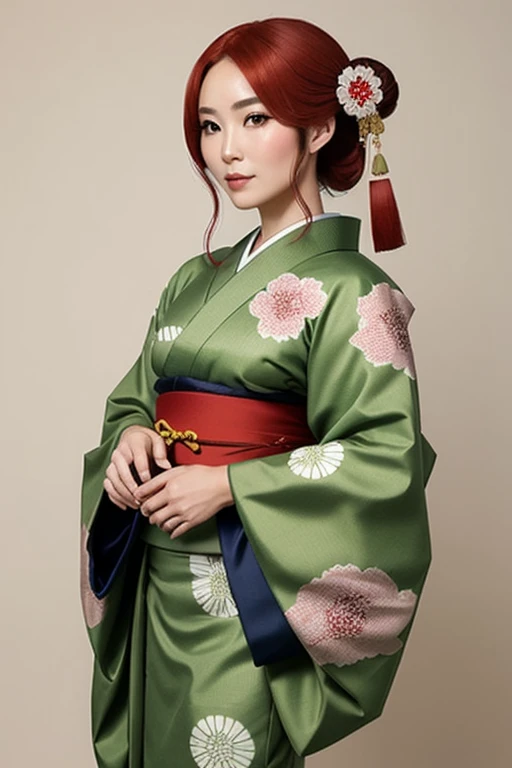 Red-haired woman from ancient Japan, traje tradicional japones kimono, cabello largo con fleco y abanico en una mano, tocado en el pelo , ojos verdes 
