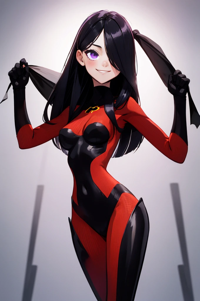 masterpiece, highest quality, One girl, Violet Par, Hero Suit，Bodysuitask, Long Hair, Black Hair,  Hair on one eye, close, alone, View your viewers, smile, Simple Background 