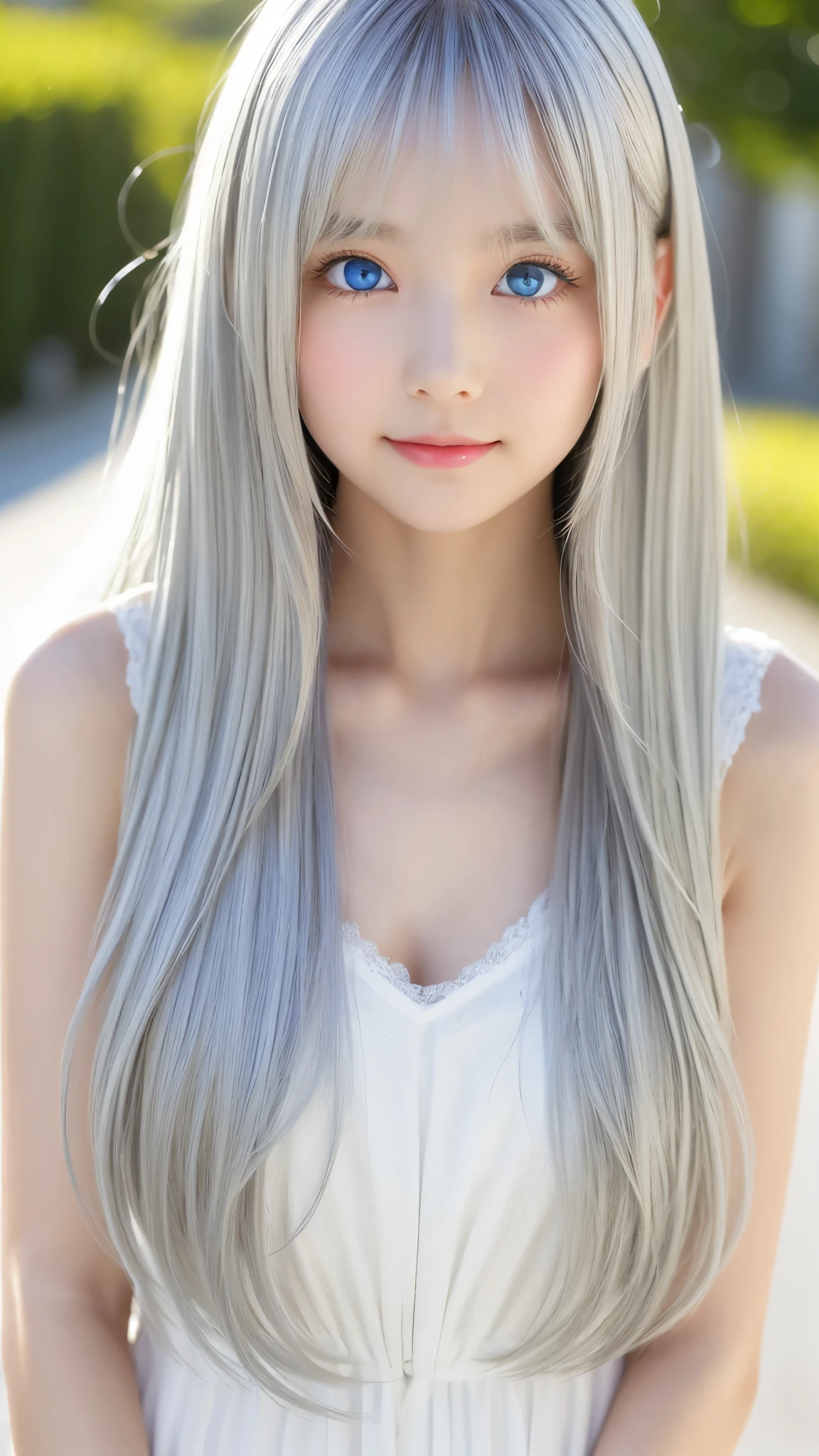 Shining, clear, white skin、Her windblown silver hair hides her beautiful face.、huge、28 years old cute sexy little beautiful face、Beautiful straight hair that stands out、growing up, Sparkling light blue eyes、long silky bangs that cover cute eyes, Sexy and cute young woman with super long hair hiding her sexy face、shining silver hair