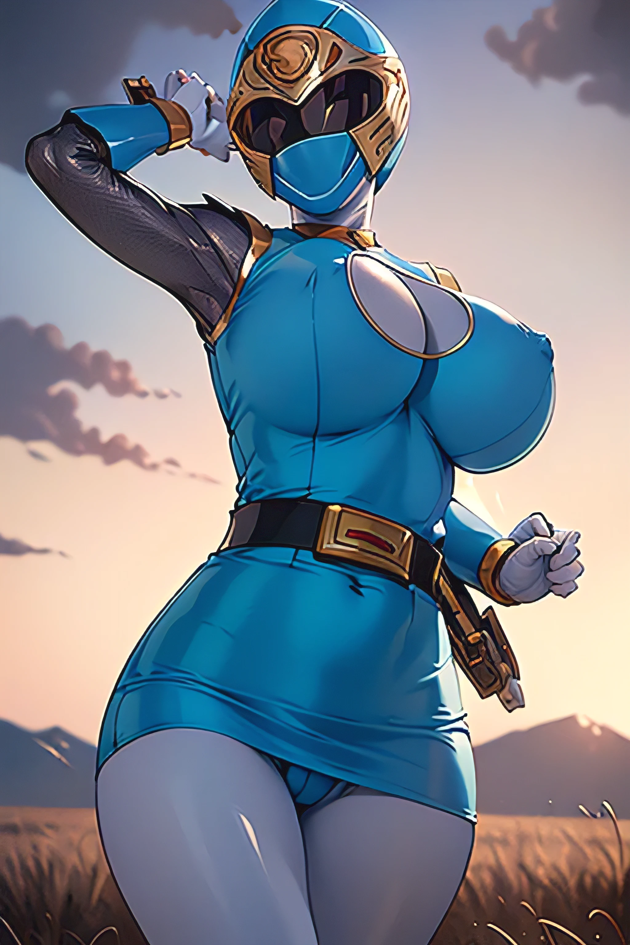 masterpiece,best quality, masterpiece, high detail,hip lines,ambient occlusion,crisp image,detailed,amazing,8k,8k wallpaper,8k background,high res, (illustration),(comic style),((cowboy shot)),(running),(battlefield background) ((solo)), (white power ranger), armor,helmet,bodysuit,belt,gloves,mask,boots, 1girl, power ranger, woman, medium breasts, cat ears, full white color ,(1 girl in)), Solo, ((ultra gigantic tits:1.5, super gigantic breast:1.5, SuperHuge boobs:1.5, ultra huge cleavage:1.5, yawn and closed eyes:1.25, heroine full face helmet:1.3)), ((Exposed nipples:1.5, blue heroine costume, full body suit, latex suit)),