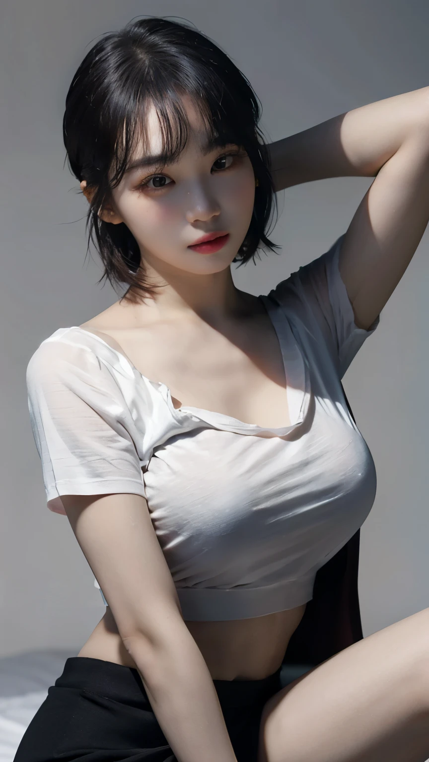 8K RAW photos, high resolution, 19-year-old Korean, big round breasts, cleavage, trained abs, super cropped length T-shirt, skirt, eyes beautiful in detail, long eyelashes, beautiful double eyelids, eye shadow, slit eyes, elongated eye shape, Sanpaku eyes, dark eye makeup, evil smile, beautiful thin legs, short hair, hair tied behind the head, earrings, light brown hair, hands raised