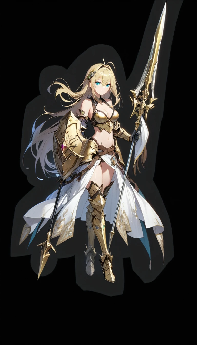 1girl, solo, long-hair, shield, blonde-hair, weapon, armor, polearm, breasts, navel, full-body, boots, black-background, looking-at-viewer, cleavage, holding, spear, medium-breasts, holding-weapon, armored-boots, midriff, bare-shoulders, simple-background, antenna-hair, high-heels, green-eyes, standing, hair-ornament, gauntlets, greaves, bikini-armor, holding-polearm, skirt, holding-shield, gloves, collarbone, blue-eyes, very-long-hair, aqua-eyes, high-heel-boots, floating-hair, smile elbow-gloves, ((golden armor))
