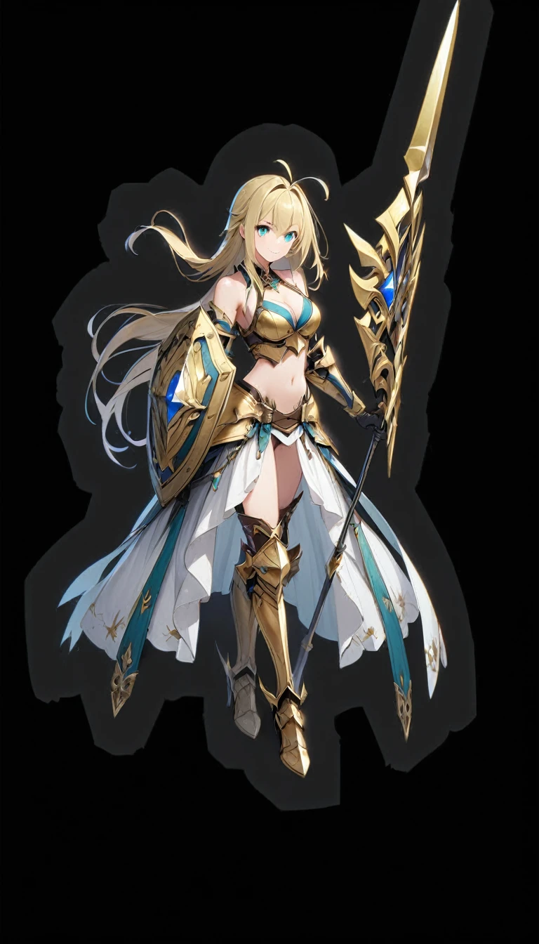 1girl, solo, long-hair, shield, blonde-hair, weapon, armor, polearm, breasts, navel, full-body, boots, black-background, looking-at-viewer, cleavage, holding, spear, medium-breasts, holding-weapon, armored-boots, midriff, bare-shoulders, simple-background, antenna-hair, high-heels, green-eyes, standing, hair-ornament, gauntlets, greaves, bikini-armor, holding-polearm, skirt, holding-shield, gloves, collarbone, blue-eyes, very-long-hair, aqua-eyes, high-heel-boots, floating-hair, smile elbow-gloves, ((golden armor))
