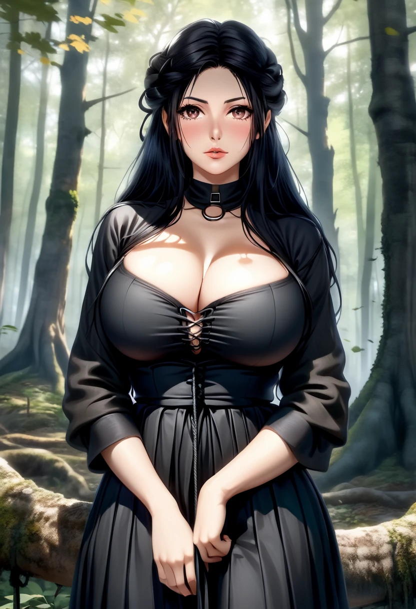 Italian woman 25 years old, truly gigantic breasts, very long black hair, arms tied with ropes to a menir, black skirt, torn blouse containing the breasts, druidic circle forest