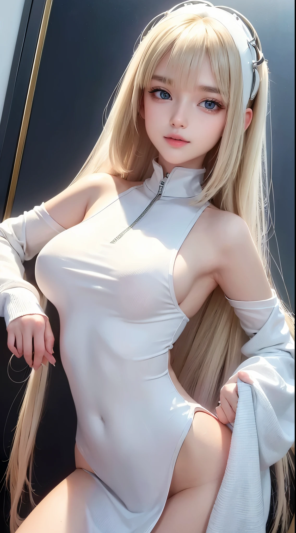 (, Virgin face, masterpiece, High resolution, 8k, 1 girl, Super detailed, Fine skin, White skin, Lighten up the subject, Cinema Lighting, Beautiful Face, Fine grain, Lip gloss), (((Detailed anatomy))), Blonde, Super long hair, Hime cut, Silky straight hair, Blunt bangs, blue eyes, (Slender body), ((Saggy breasts)), (((Large Breasts))), photograph, (Focus on the upper body), Cute smile, View your viewers, Wearing a white knit long sleeve, Wearing a white knit long sleeve, Blonde Super long hair, Straight long hair, Hime cut, Silky straight hair, Blunt bangs, Blunt bangs, lure, 28 year old girl,The front zipper is open,A face plagued by shame