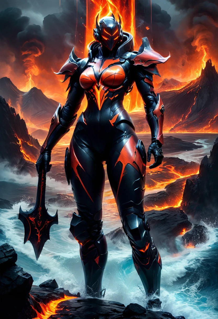 Diving suit girl underwater, volcanic region, dark rocks, lava, sinister atmosphere, villain, villainous castle in the center, villain's castle, dark tones, a lot of evil, a lot of lava, black boulders, mountains, mobile game, simple style, high detail, (masterpiece, best quality, Professional, perfect composition, very aesthetic, absurdres, ultra-detailed, intricate details:1.3)