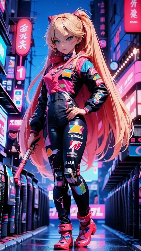 (La Best quality,a high resolution,Ultra - details,valid), (Racing doll Soryu Asuka Langley with long pink hair and (blue jacket:1.4) ,(formula 1 racing fund), (silver pants, animated barbie doll), (anime blonde with long hair), (Sugar Langley in Soryu style:1.4) ,(cabello azul Soryu Asuka Langley Blanco :1.4), (Tokyo alley background :1.4), (3d anime style, Anime VTuber Full Body Model, ilya kuvshinov con pelo largo), (Anime girl with long pink hair), (emerging figure on parade, render of a cute 3D anime girl), (More detailed 8K.Unreal engine:1.4,HD,La Best quality:1.4, photorealistic:1.4, skin texture:1.4, masterpiece:1.8,masterpiece), (Best quality,Объект Object), (detailed facial features:1.3),(Correct proportions),(beautiful blue eyes), (Cowboy pose), (Vcenera station laboratory in Japan :1.4), ,( Cyberpunk 2.1), (kawaii in white style :1.4), (fingers detail:1.4), (perfect anatomy 2.1 ), (Soryu Asuka Langley Blanco :1.4), (White transparent latex cyborg robot:1.4),( Formula 1 racing :1.4), (night night :1.4)