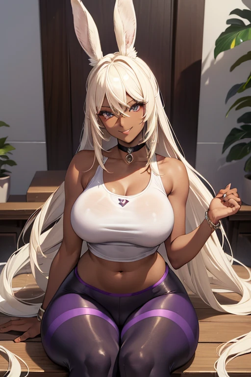 (masterpiece), best quality, highly detailed faces, (SHARP details), 4k, highly detailed, expressive eyes, SHARP detail expressive eyes, (SHARP detail perfect face), ((dark skin)), (bunny ears), (viera), ((platinum blonde hair)), (choker) amber eyes, long and wild hair, (mature woman), (big breasts), smiling, toned body, standing, (wearing white tank top), (wearing purple yoga pants), ((solo)), wide hips, (((view from front))), cameltoe, sitting, spread legs, smile, midriff, sitting on chair,