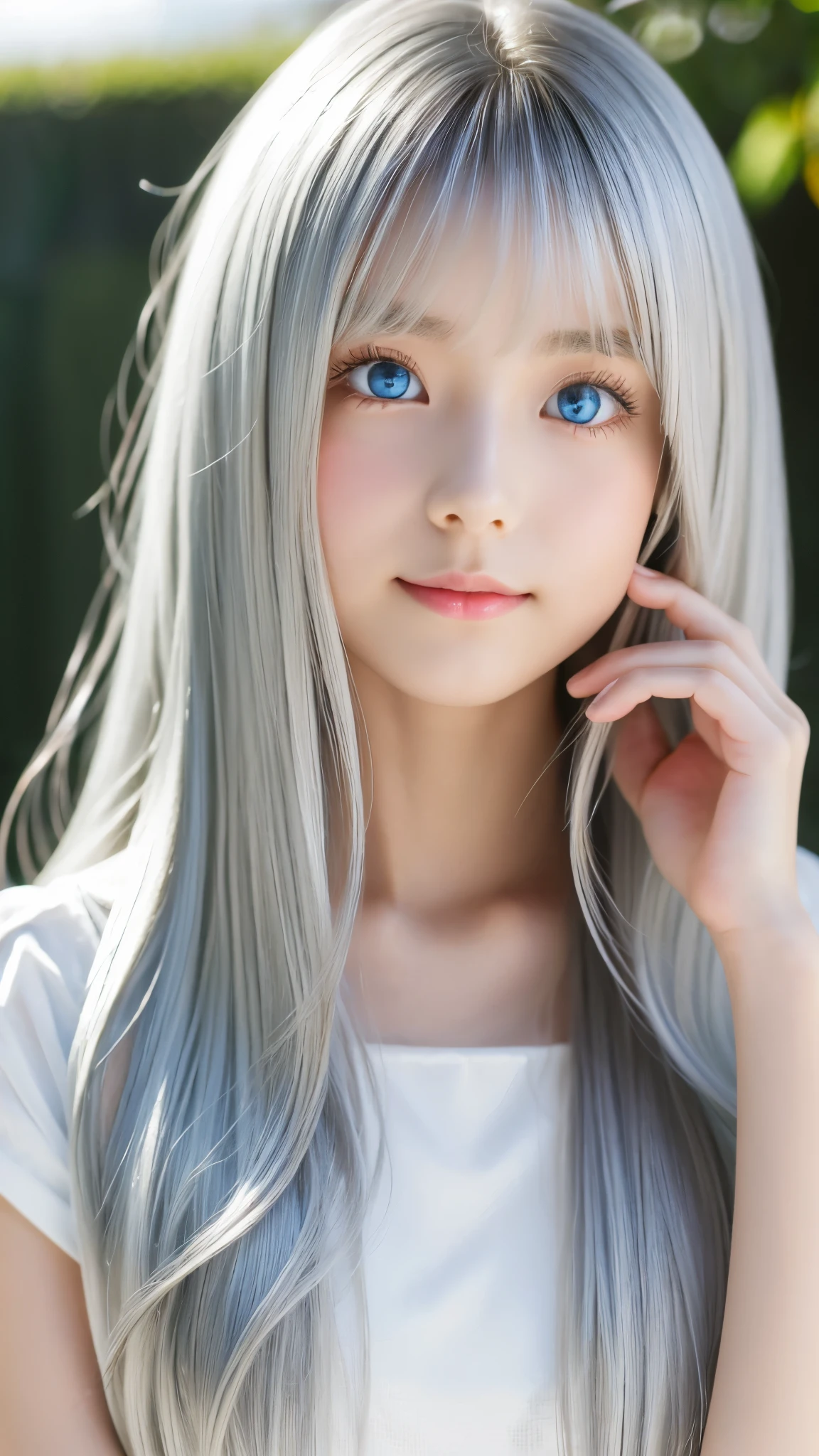 Shining, clear, white skin、Her windblown silver hair hides her beautiful face.、huge、28 years old cute sexy little beautiful face、Beautiful straight hair that stands out、growing up, Sparkling light blue eyes、long silky bangs that cover cute eyes, Sexy and cute young woman with super long hair hiding her sexy face、shining silver hair