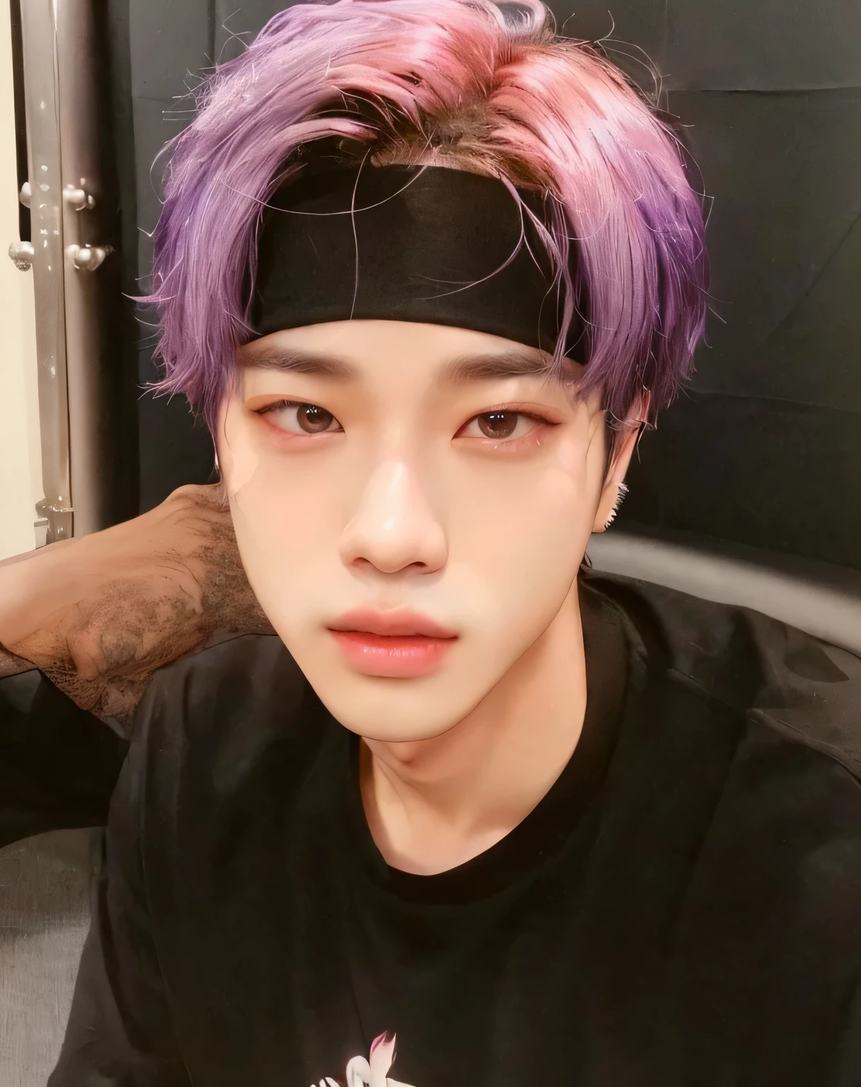 arafed man with a purple and black hair and a black shirt, park jimin, jimin \'s plump lips, jimin I's right eyelid swollen, accurate jimin face, jos si of blackpink, jin, jung jaehyun, hyung tae, taejune kim, kpop boy