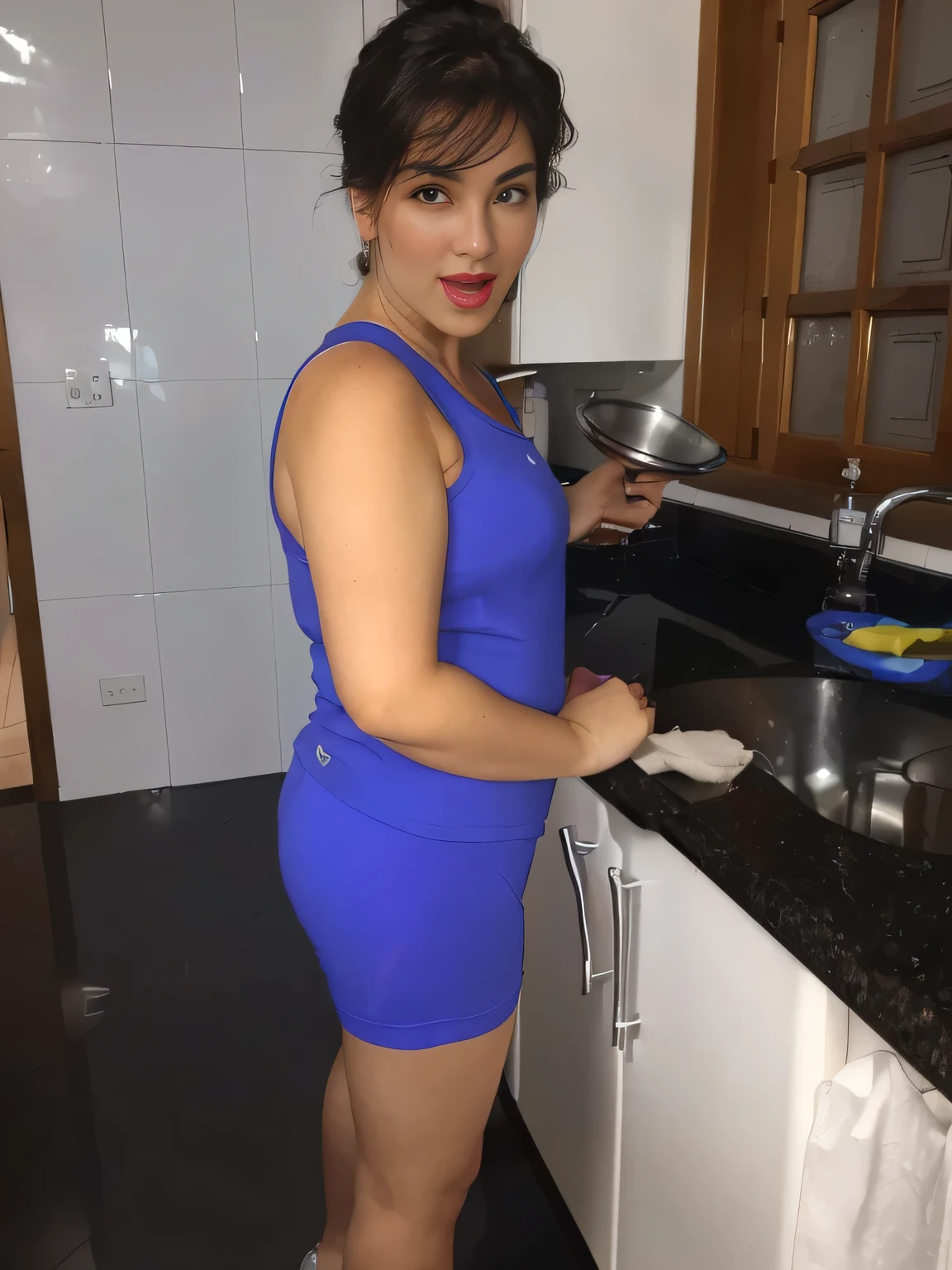 Woman in shorts and a blue tank top, standing in the kitchen with a pot and frying pan on the counter, in the kitchen, wearing blue plastic shorts, photo from behind, wearing tight shorts and a tight blue tank top, 40 years old woman. Slim woman with thin waist. Her body exudes glamor and her face is the definition of beauty. Test, highly realistic, reddish skin, beautiful, slightly full lips, red lipstick, feeling of lightness and joy, hyper-realism, very elaborate skin, direct look. Full body photo, clear and high quality photo. Beautiful woman, extremely sexy, very sensual. Masterpiece: 1.3, high resolution, (photographically realistic), 8k, NUDE, NUDITY, NFSW.