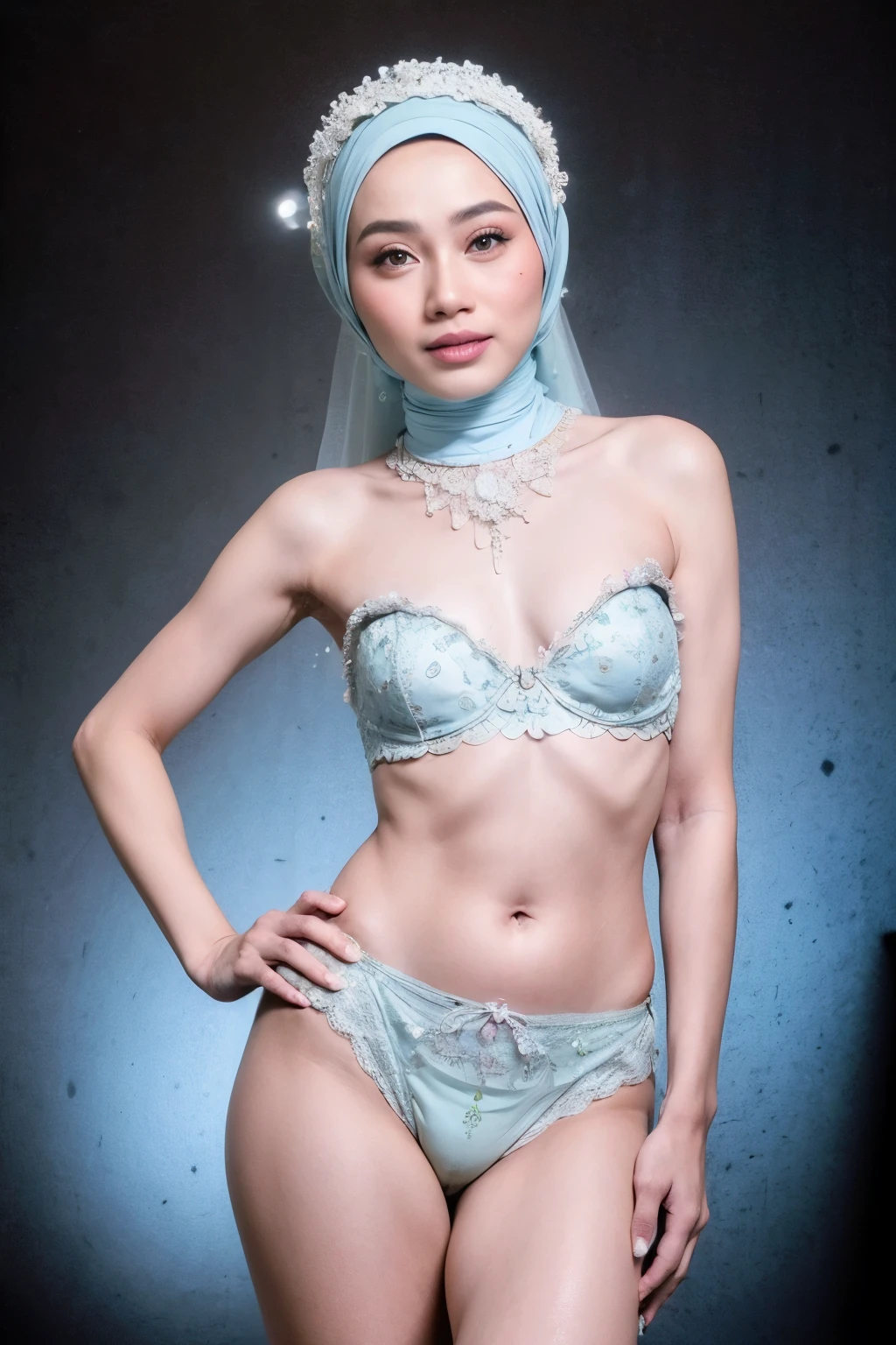 ((FLAT CHEST:1.6)), ((Lace)), (Happy smile), (((HIJAB MALAY GIRL))), masutepiece, High quality, UHD 32K, Realistic face, Realistic skin feeling , A Japanese Lady, 58 years old matured lady, , Very cute and baby-like face, (((FLAT CHEST))), (Night time at forest), ((look In front  at the camera and SADNESS)), (((WHITE FLUORESCENT))), (((CUTE GIRL))), ((LIGHT BLUE FLUORESCENT LIPS)), ((Floral Pattern)) little wearing strapless bra, strapless colorful bra, dark night background , black forest night, horror scary place, (from behind up) seductive pose, G-String & Thong 