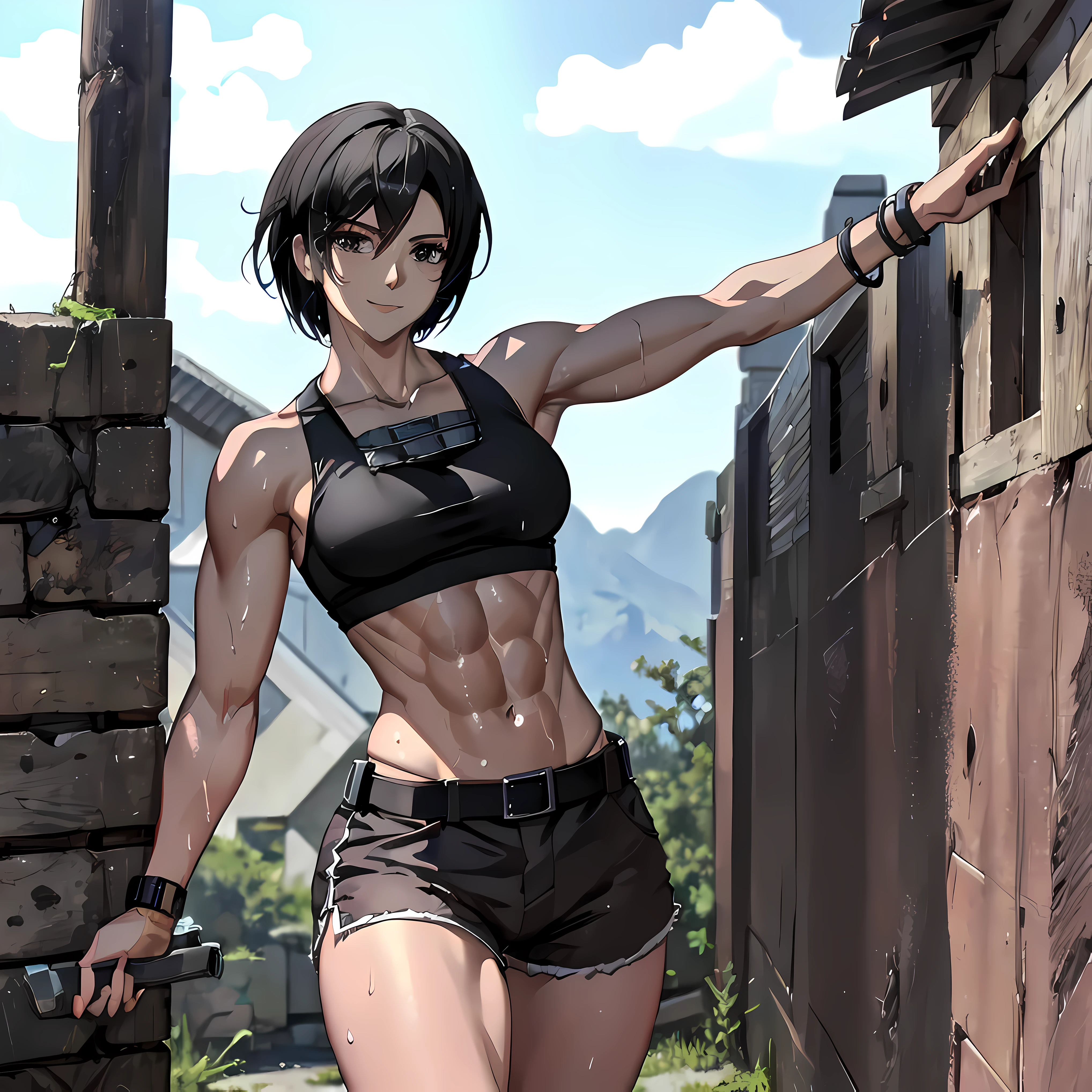 masterpiece, UHD, 4k, highres, ultra highres, hd, best quality, anime, anatomically accurate, detailed face, detailed skin, detailed, pretty face, feminine face, cute face, 1girl, alone, solo, standing alone, mikasa ackerman, mikasa, short hair, black hair, attack on titan, abs, navel, midriff, belly button, abdominal, stretching, fully clothed, tank top, shorts, thighs, muscular, biceps, pectoral muscles, armpit, armpits, breasts, cleavage, smile, standing, sweating, wet skin, glossy skin, on top of the wall, concrete wall, day time, mikasa is standing on top of wall maria, scout regiment logo, scout regiment embroidery, scout regiment patch,