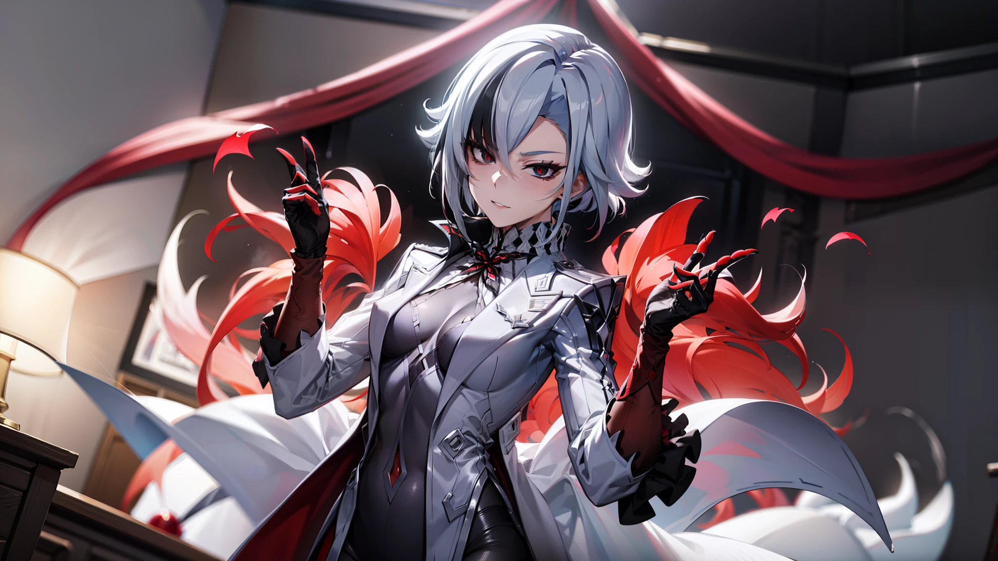 woman, in her twienties, short hair, proportional hands, Arlecchino anime eyes, perfect body, medium breasts, white coat, wearing black leggings, Ultra HD, 4k image, image of best quality, (fidelity: 1.4), photoreal, Red eyes, eyelashes, beautiful pupil, red shadows, reasonable facial features, natural poses, 1 girl, standing, fully dressed, serious face, very detailed face, high quality face, 4k, tired face, small dark circles eyes