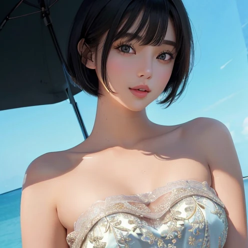 (masterpiece:1.3)、(8k、Photorealsitic、RAW Photography、top-quality: 1.4)、(1girl)、Beautiful face、(lifelike face)、(Dark black short hair, bob:1.3)、Beautiful hairstyle、realistic eyes、Beautiful details、 backless and strapless lacy dress（real looking skin）、Beautiful skins、（lace dresses）、absurderes、enticing、超A high resolution、A hyper-realistic、high-detail、the golden ratio