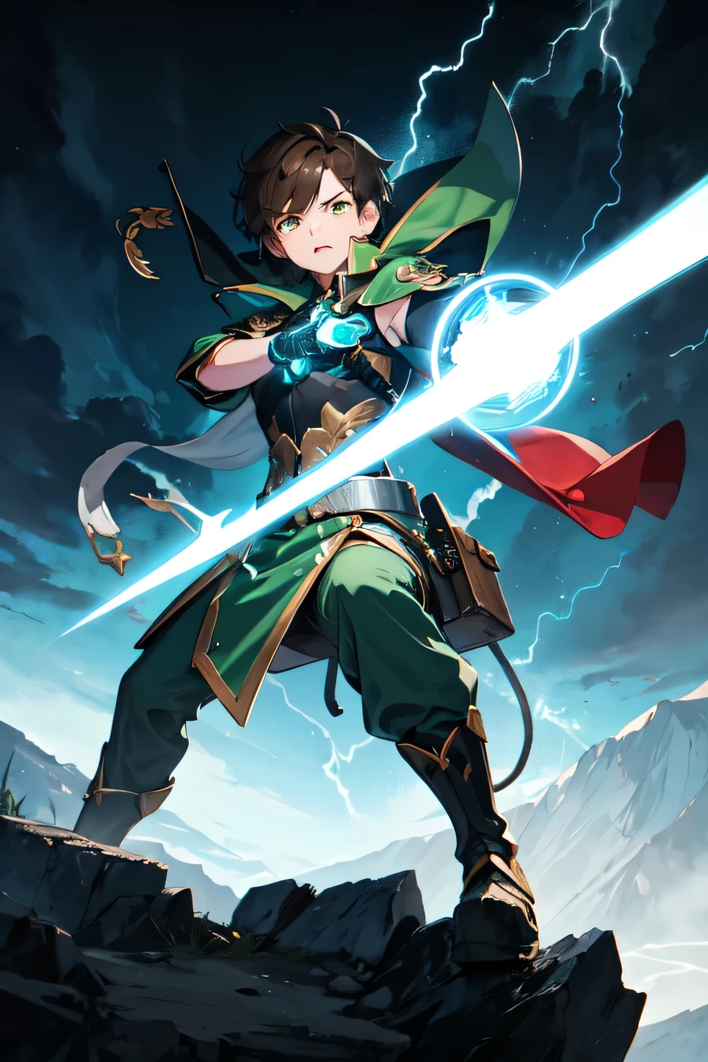 A hero boy, wearing dark green and brown costume,angry face,great physic,standing on a cliff, background mountain doubled pupils blue colour, looking straight,a close up look,creating a lightning,using blue circle magic