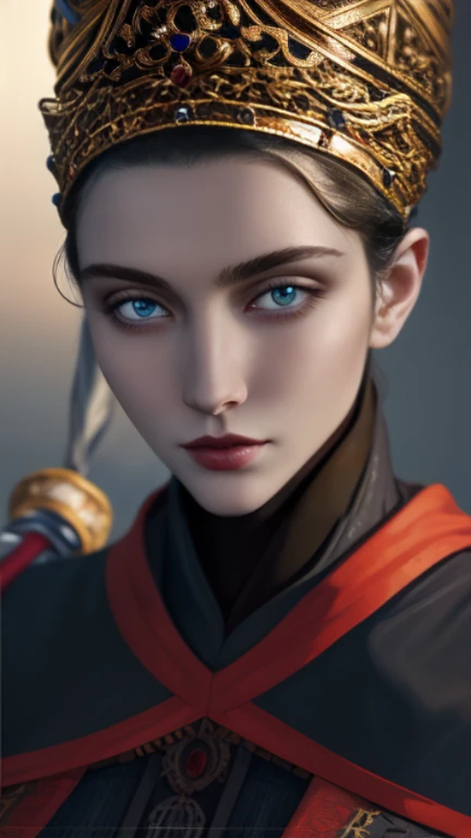 {{{masterpiece}}}, {{{best quality}}}, {{{ultra-detailed}}}, {cinematic lighting}, {illustration}, very detailed lips, expressionless, 1girl, black_hair, blue_eyes, large cone crown, black robes, red sashes, staff, elegant, Rennala, Queen of the Full Moon, Elden Ring, Full Moon, {Portrait}, looking at viewer