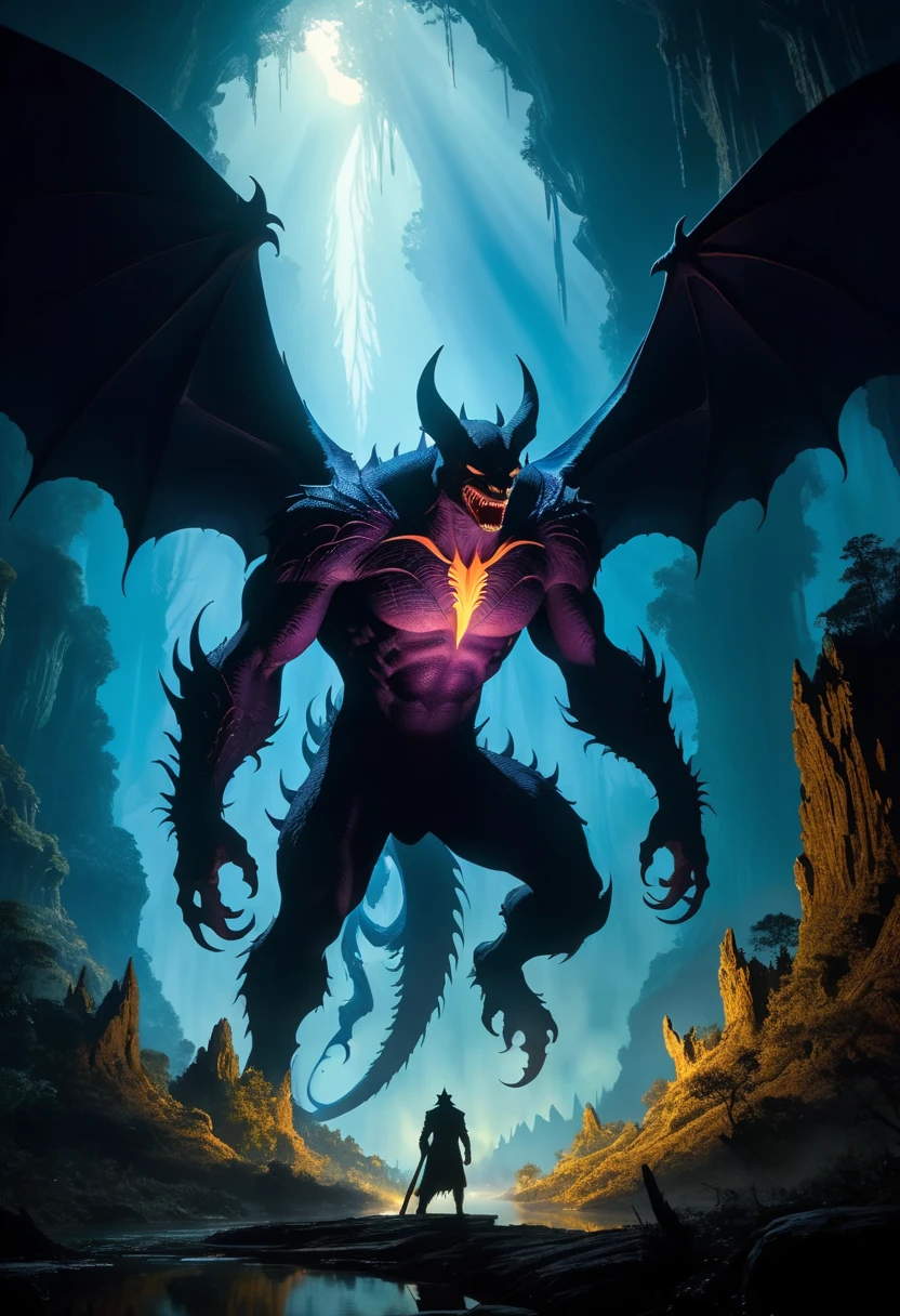 ((ultra detailed, glossy, smooth, comic style)), from diablo of a horrifying red-skinned male demon king, (full body portrait:1.3), (detailed monstrous evil face:1.4), screaming, wide spread bat like wings, (detailed scaly skin texture:1.2), long curved horns, (in hell, swirling tormented souls, billowing smoke:1.5), black spiky armor, cinematic Film still from (evil dead:0.4)|Scary Stories To Tell In the Dark|(doom:0.9)|the void
